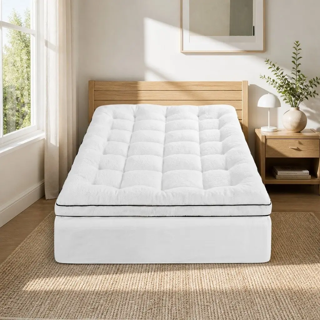 Mattress Topper Coral Fleece 5cm King Single White Pillowtop Fitted Elastic Warm
