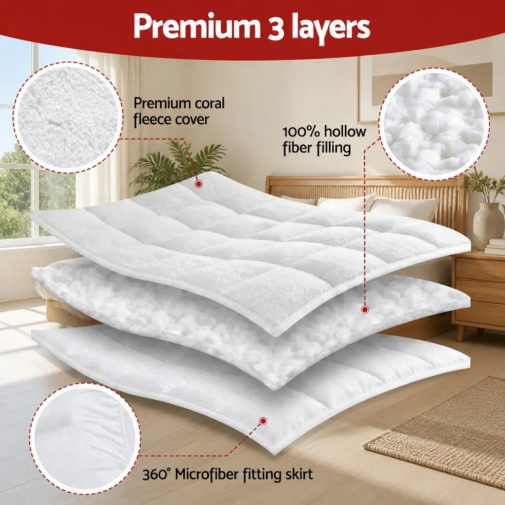 Mattress Topper Coral Fleece 5cm King Single White Pillowtop Fitted Elastic Warm