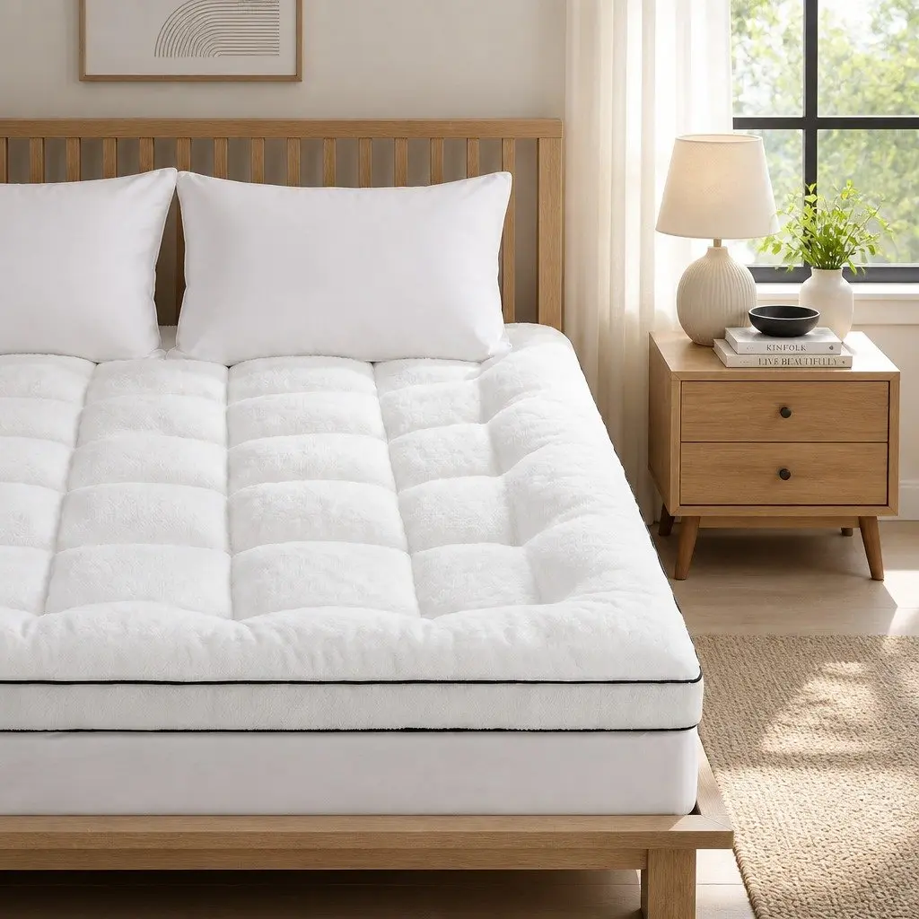 Double Mattress Topper Coral Fleece 5cm White Baffle Box Stitch Hollow Fiber