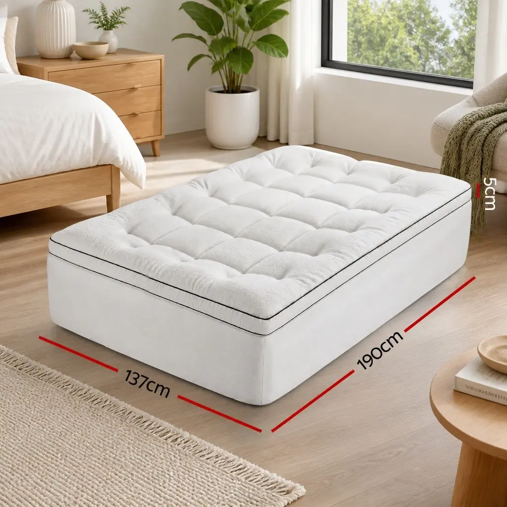 Double Mattress Topper Coral Fleece 5cm White Baffle Box Stitch Hollow Fiber