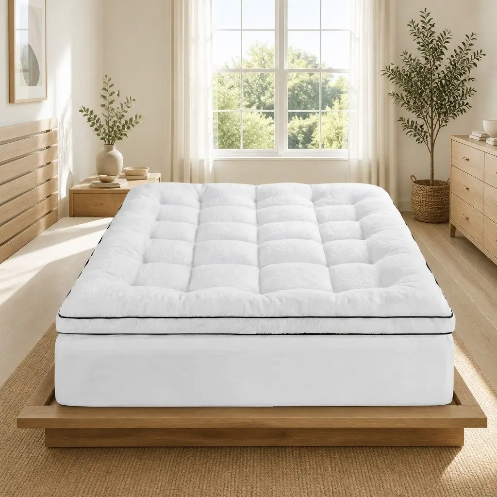 Double Mattress Topper Coral Fleece 5cm White Baffle Box Stitch Hollow Fiber