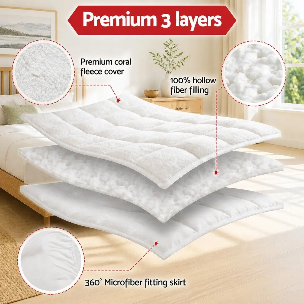 Double Mattress Topper Coral Fleece 5cm White Baffle Box Stitch Hollow Fiber