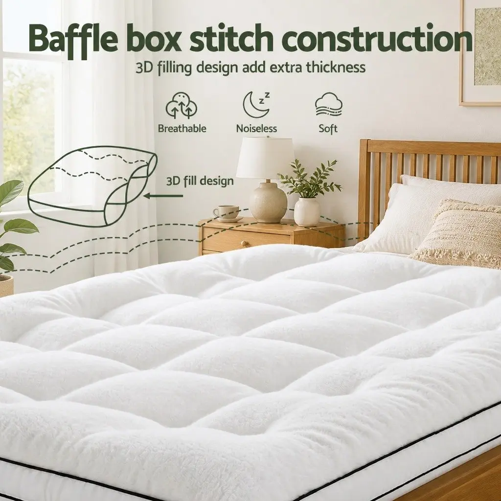 Double Mattress Topper Coral Fleece 5cm White Baffle Box Stitch Hollow Fiber