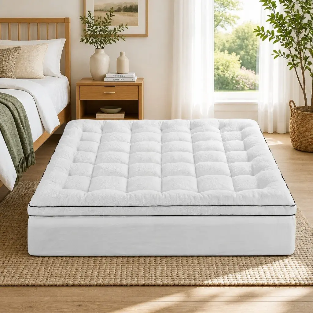 King Size Mattress Topper 5cm Thick Coral Fleece Pillowtop Fully Fitted Elastic Skirt Breathable