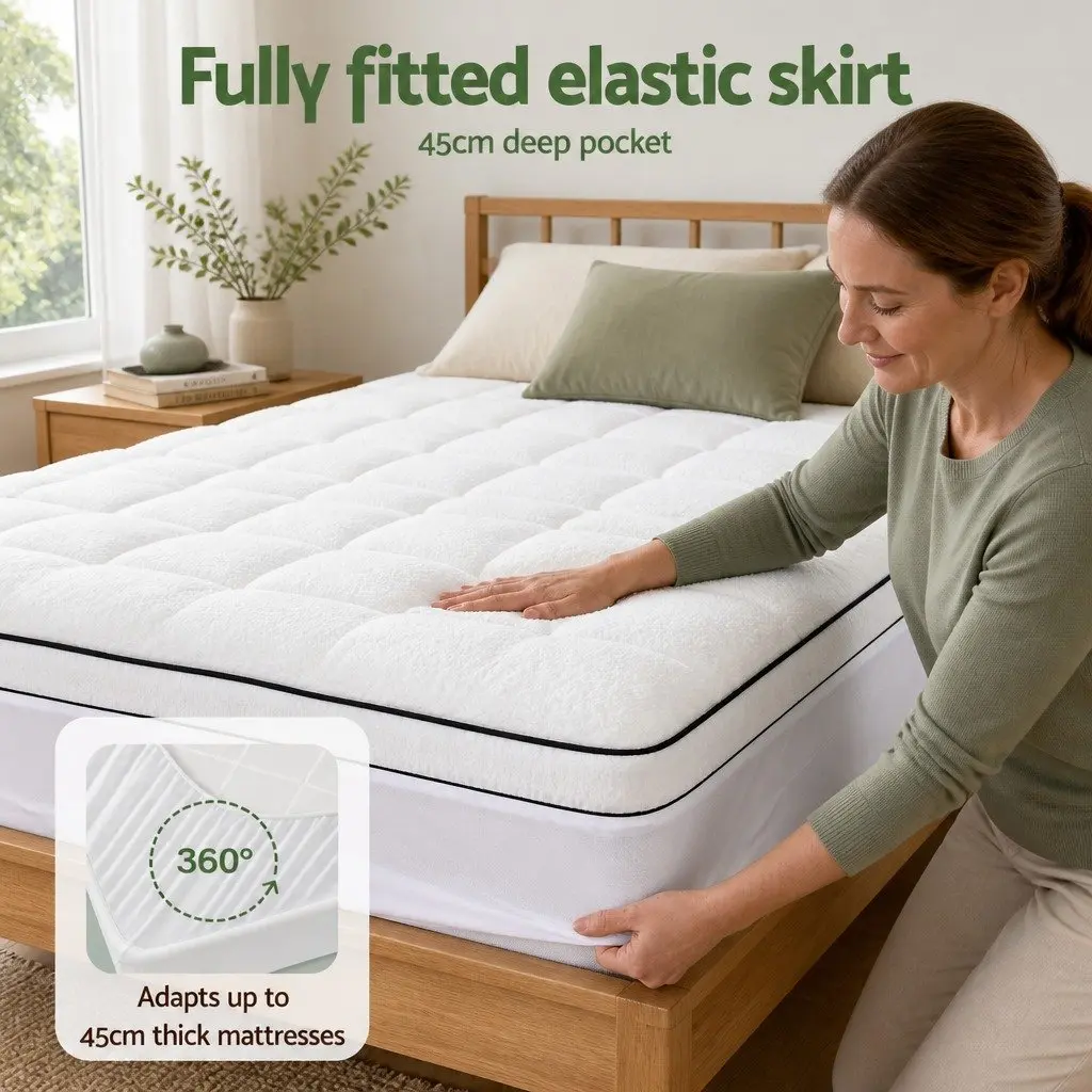 King Size Mattress Topper 5cm Thick Coral Fleece Pillowtop Fully Fitted Elastic Skirt Breathable