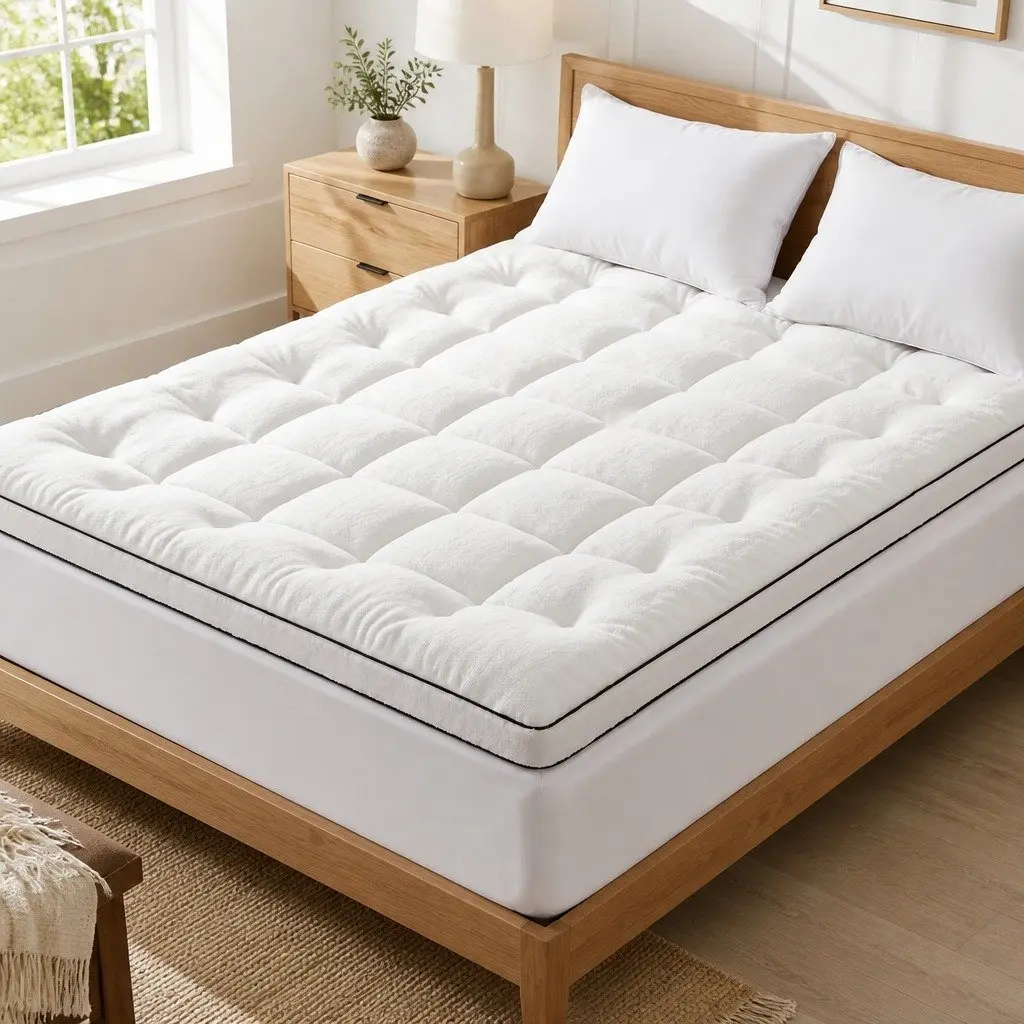 Queen Mattress Topper 5cm Pillowtop Coral Fleece White Baffle Box Stitch