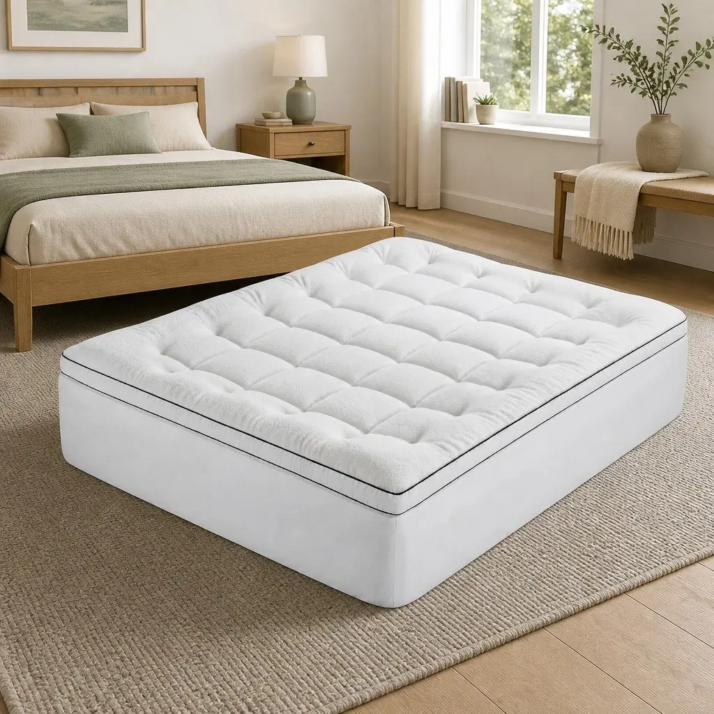 Queen Mattress Topper 5cm Pillowtop Coral Fleece White Baffle Box Stitch