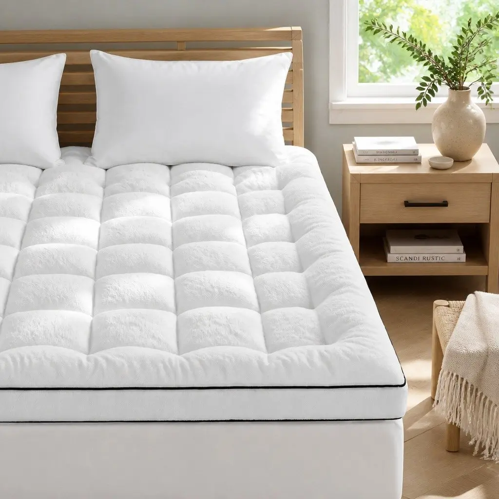 Queen Mattress Topper 5cm Pillowtop Coral Fleece White Baffle Box Stitch
