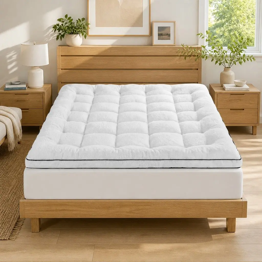Queen Mattress Topper 5cm Pillowtop Coral Fleece White Baffle Box Stitch