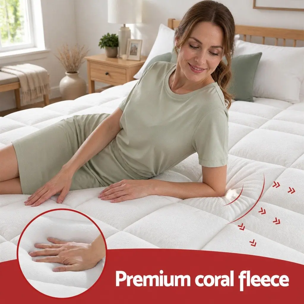 Queen Mattress Topper 5cm Pillowtop Coral Fleece White Baffle Box Stitch