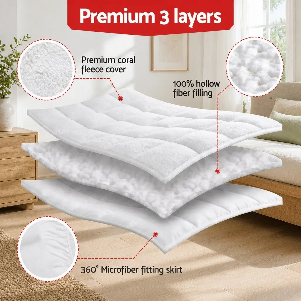 Queen Mattress Topper 5cm Pillowtop Coral Fleece White Baffle Box Stitch
