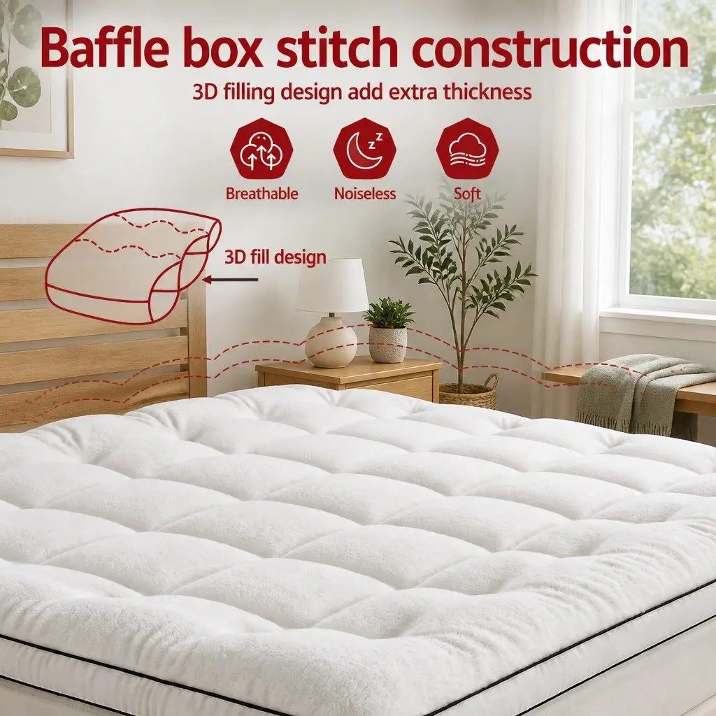 Queen Mattress Topper 5cm Pillowtop Coral Fleece White Baffle Box Stitch