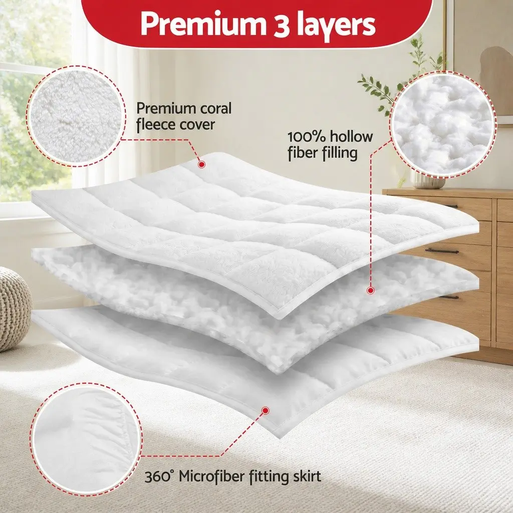 Single Mattress Topper 5cm Coral Fleece White