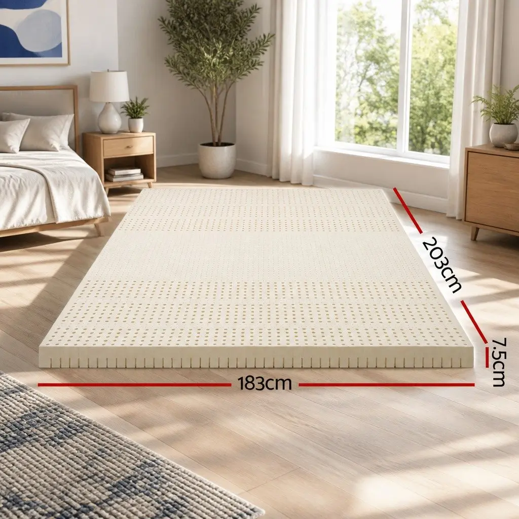 Latex Mattress Topper 7.5cm Thick King Size White 7-Zone Pressure Relief Bed Pad Washable