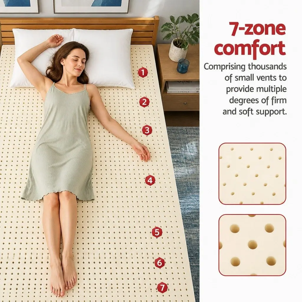 Latex Mattress Topper 7.5cm Thick King Size White 7-Zone Pressure Relief Bed Pad Washable