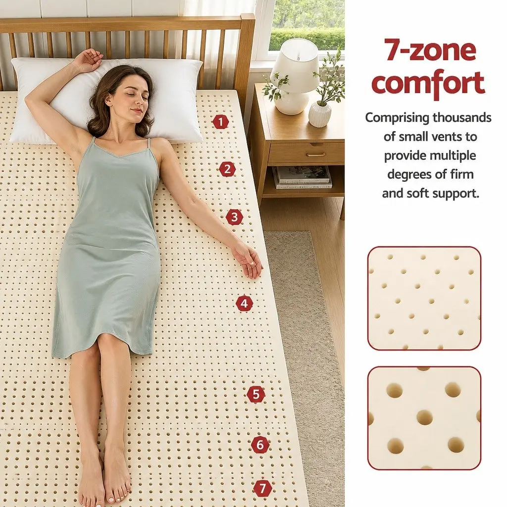 Latex Mattress Topper Single Bed 7.5cm Thick 7-Zone Support Pressure Relief