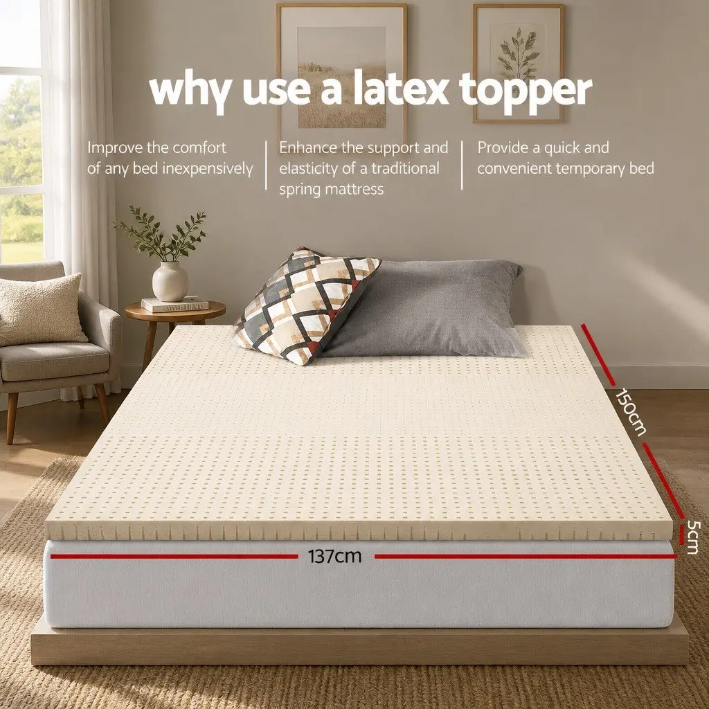 Latex Mattress Topper 5cm Thick Double Bed Pad White 7 Zone Cooling Foldable Mat
