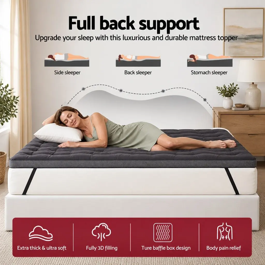 Pillowtop Mattress Topper Bamboo Polyester Microfibre 5cm Double Bed Charcoal Grey