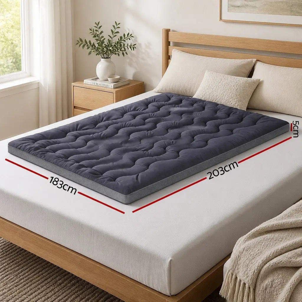 King Pillowtop Mattress Topper 5cm Bamboo Polyester Fibre Charcoal Grey