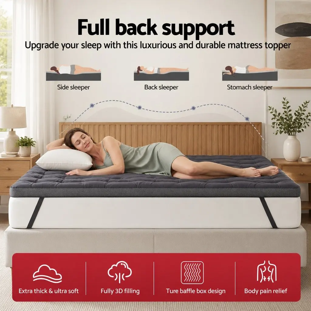 King Pillowtop Mattress Topper 5cm Bamboo Polyester Fibre Charcoal Grey