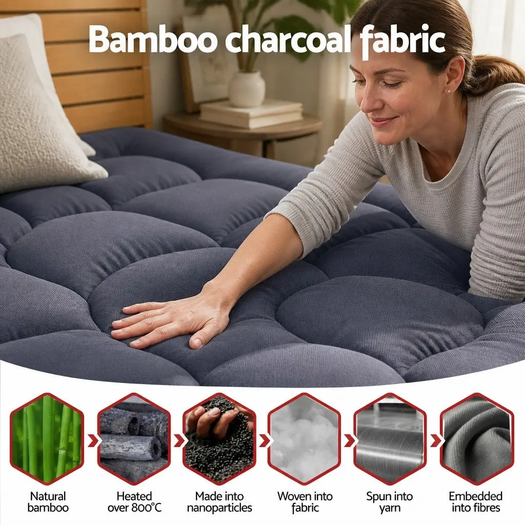 King Pillowtop Mattress Topper 5cm Bamboo Polyester Fibre Charcoal Grey