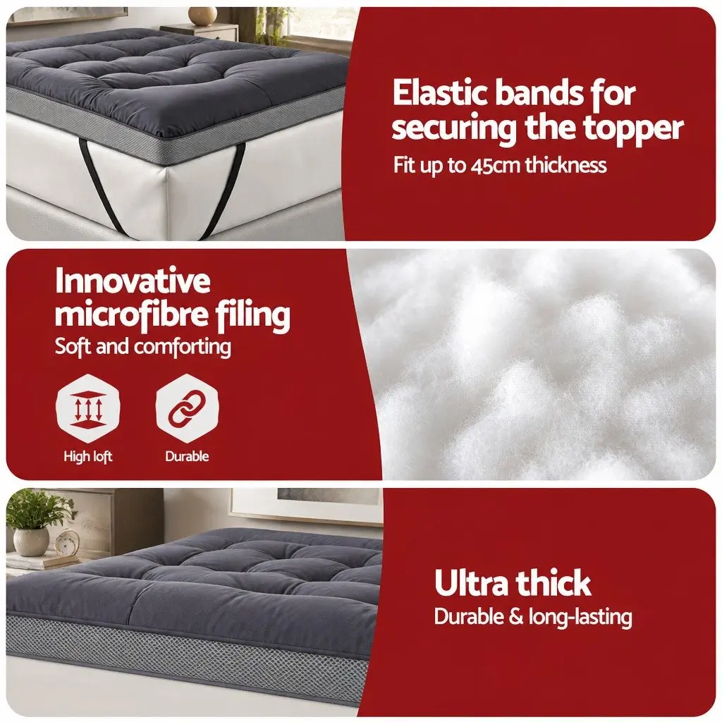 King Pillowtop Mattress Topper 5cm Bamboo Polyester Fibre Charcoal Grey