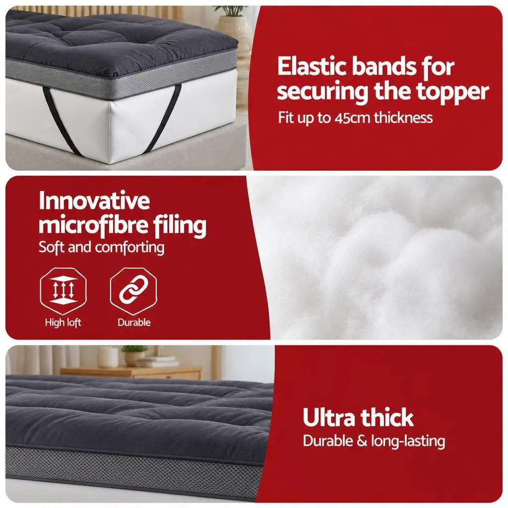 Queen Mattress Topper 5cm Pillowtop Bamboo Polyester Fibre Pad Washable
