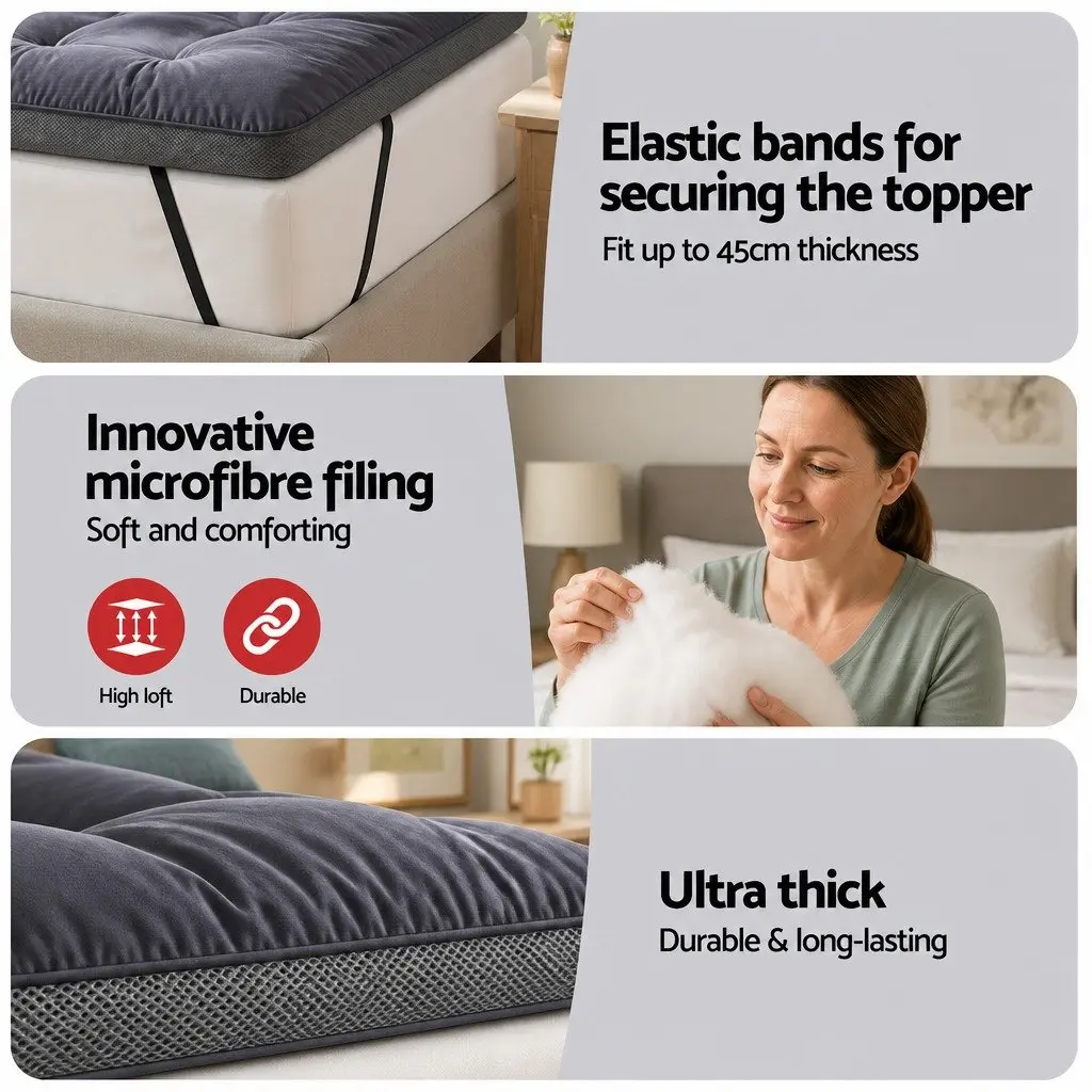 Pillowtop Mattress Topper 5cm Single Bed Pad Breathable Washable Grey