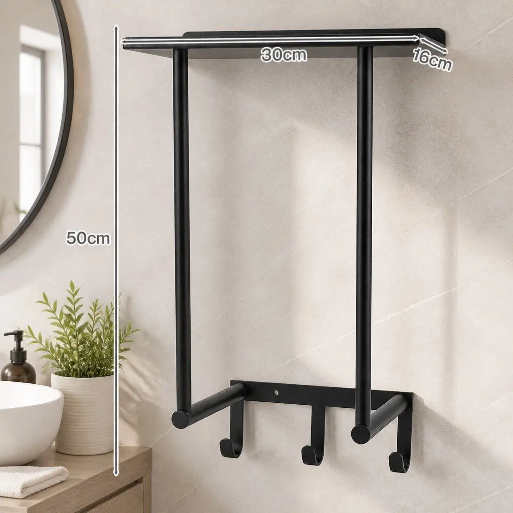Towel Rack Wall Mounted Carbon Steel with Shelf and 3 Hooks Black 30cm x 16cm x 50cm Bathroom Organizer