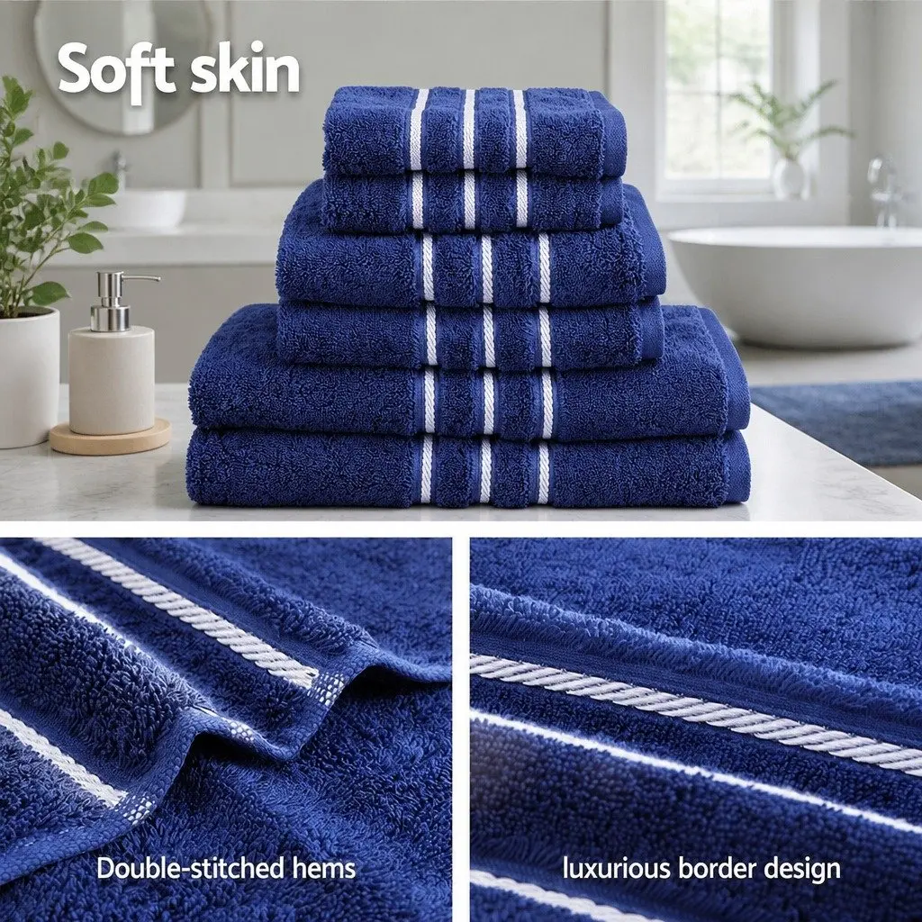 6 Pack Bath Towels Set Cotton Navy Blue Soft Absorbent Quick Drying Home