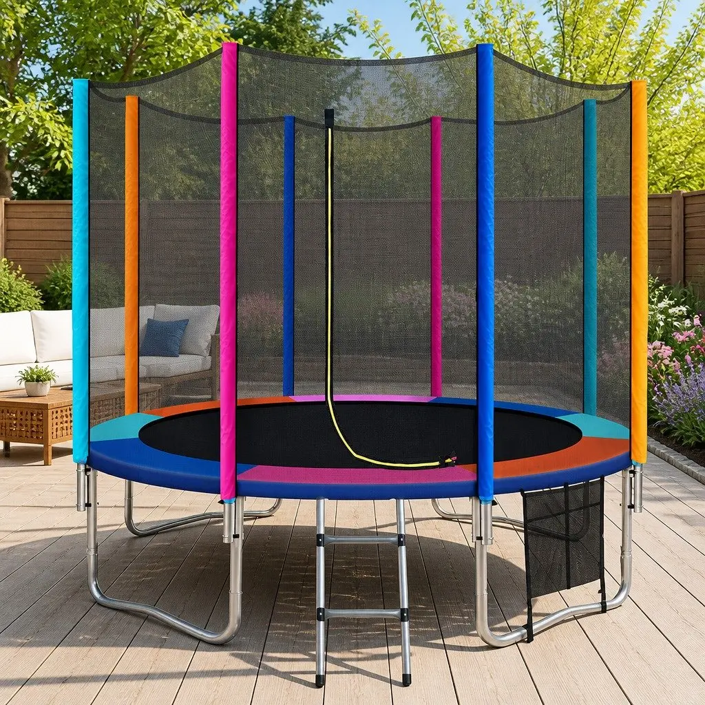 10FT Trampoline Steel Frame Rainbow with Safety Enclosure Net and Ladder