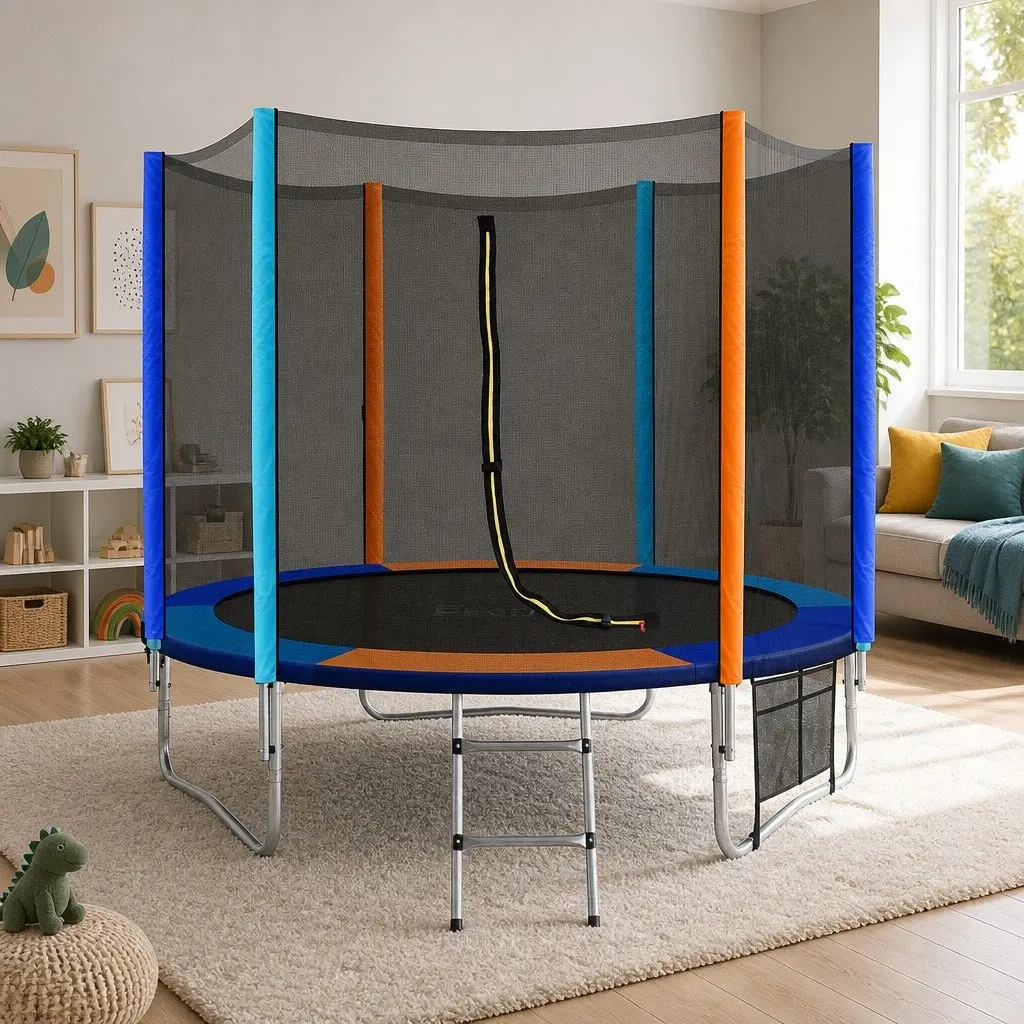 8FT Round Trampoline for Kids with Safety Enclosure Net Ladder Padded Rail Heavy Gauge Steel Rainbow