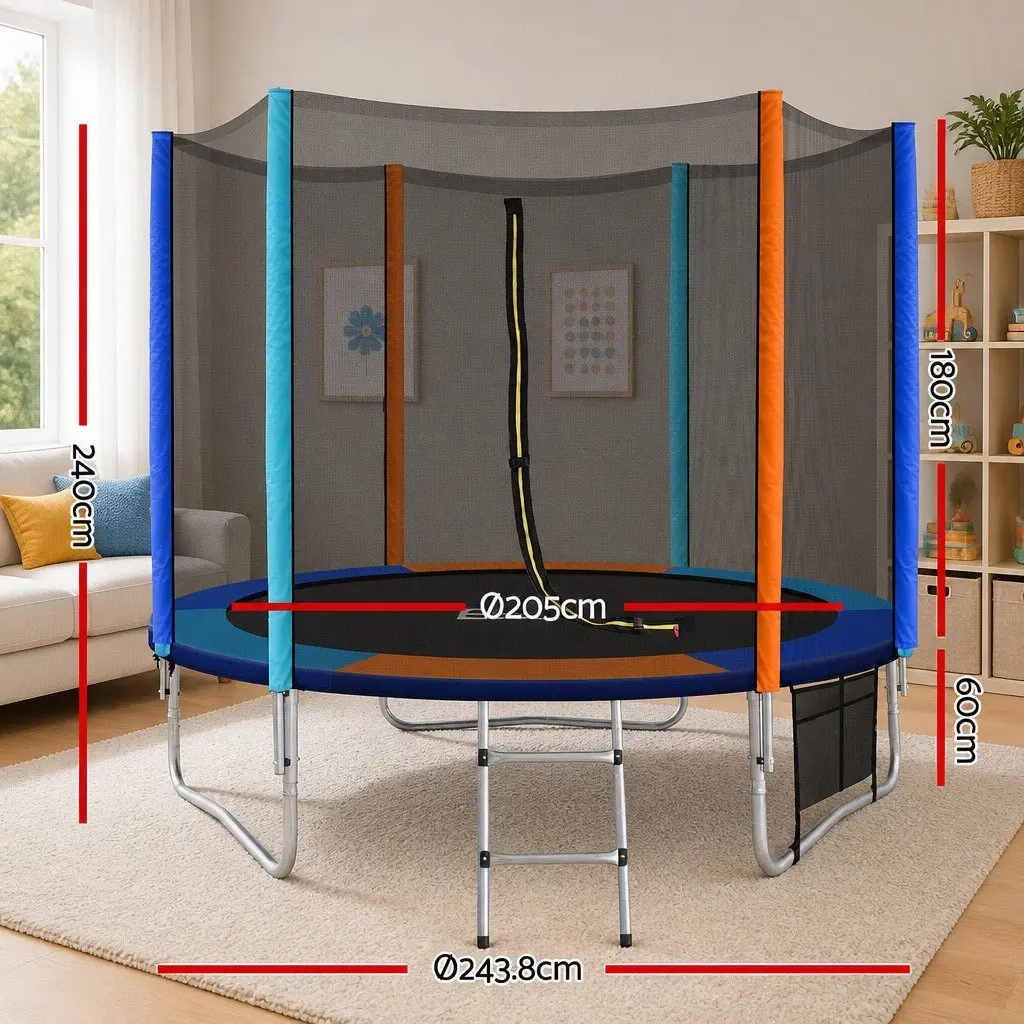 8FT Round Trampoline for Kids with Safety Enclosure Net Ladder Padded Rail Heavy Gauge Steel Rainbow