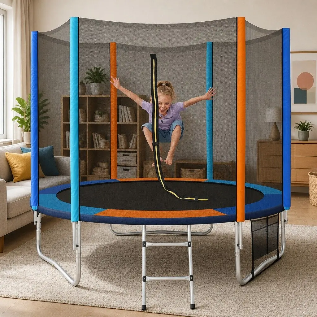 8FT Round Trampoline for Kids with Safety Enclosure Net Ladder Padded Rail Heavy Gauge Steel Rainbow