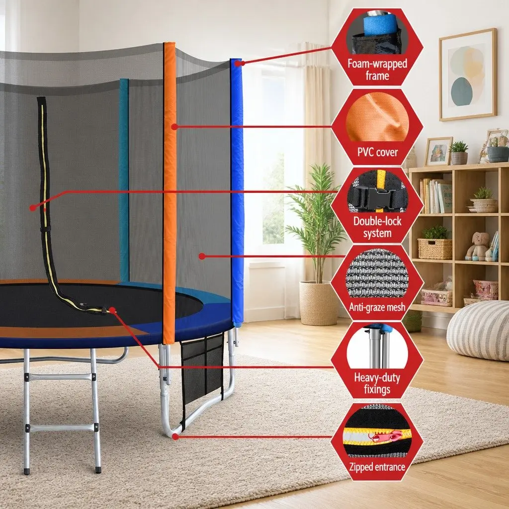 8FT Round Trampoline for Kids with Safety Enclosure Net Ladder Padded Rail Heavy Gauge Steel Rainbow
