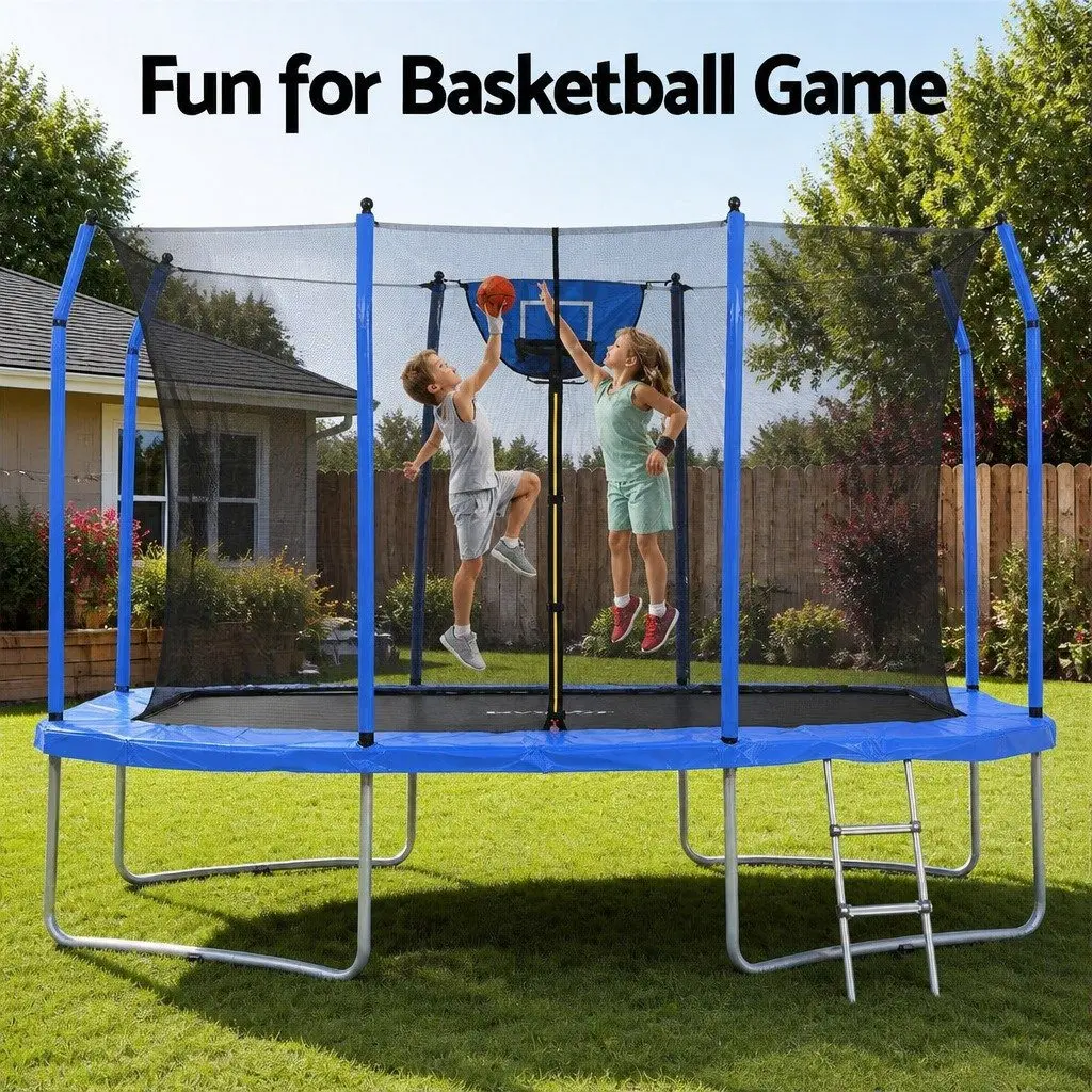 12FT Rectangle Trampoline Heavy-Duty Steel UV-Resistant Padding Enclosed Safety Net Basketball Set