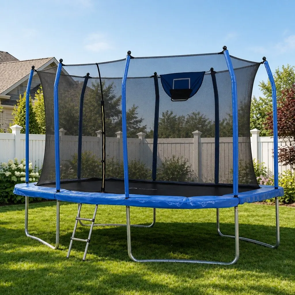 12FT Rectangle Trampoline Heavy-Duty Steel UV-Resistant Padding Enclosed Safety Net Basketball Set