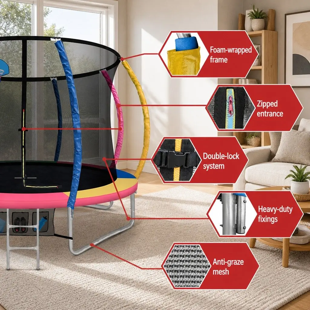 Kids Trampoline 10FT Steel Heavy Gauge Multi-coloured with Safety Enclosure Net and Integrated Ladder