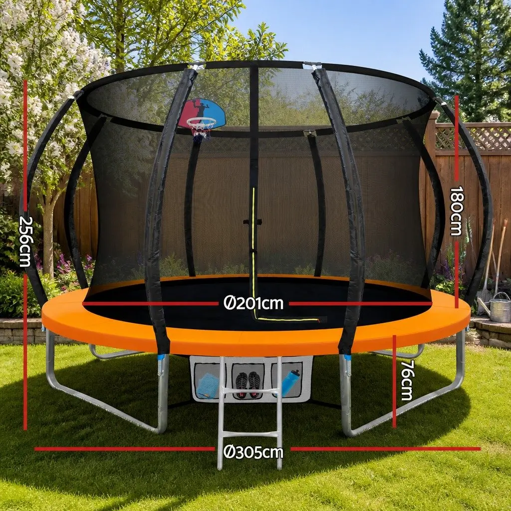 10FT Trampoline Steel Frame Orange Jumping Surface with Safety Net and Ladder
