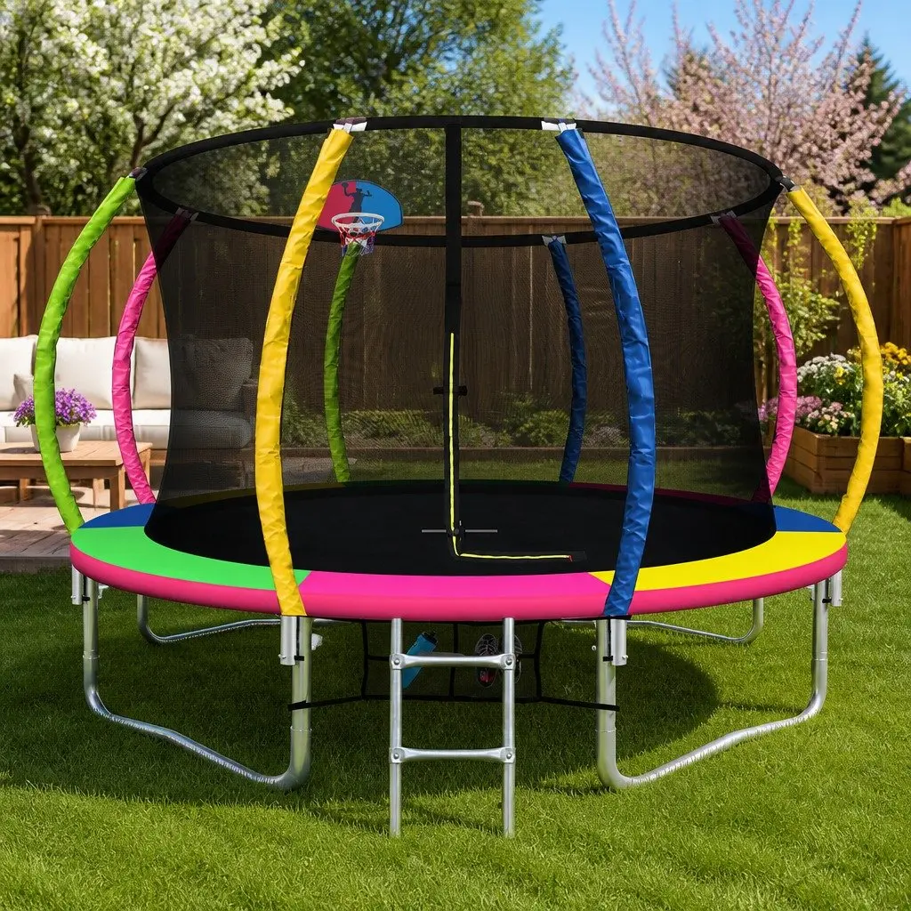 12ft Trampoline Steel Frame Multi-Coloured with Safety Net and Basketball Hoop