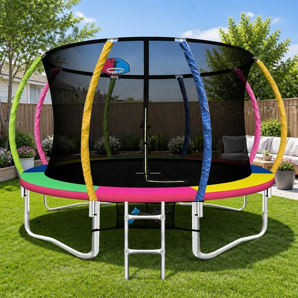 12ft Trampoline Steel Frame Multi-Coloured with Safety Net and Basketball Hoop