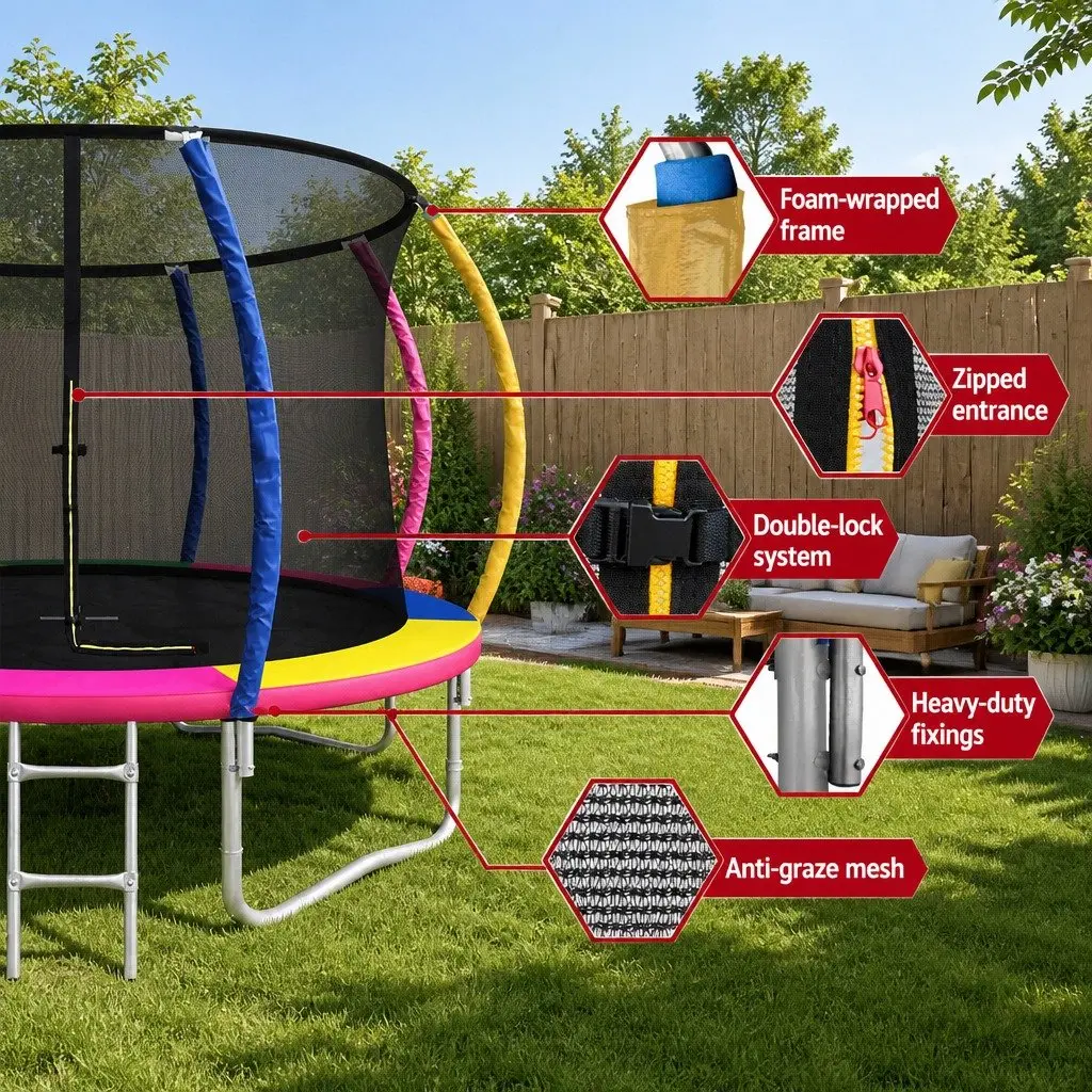 12ft Trampoline Steel Frame Multi-Coloured with Safety Net and Basketball Hoop