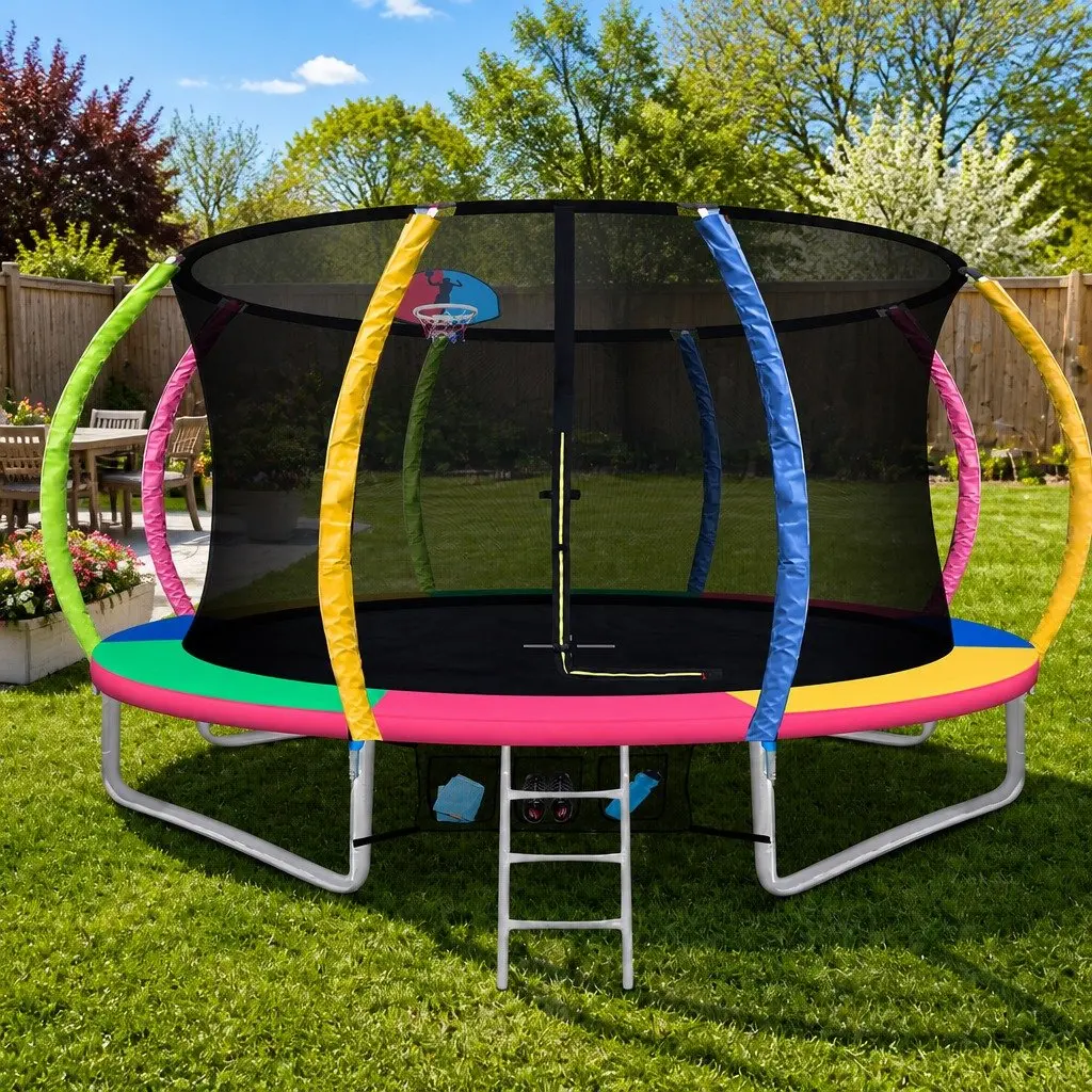 12ft Trampoline Steel Frame Multi-Coloured with Safety Net and Basketball Hoop