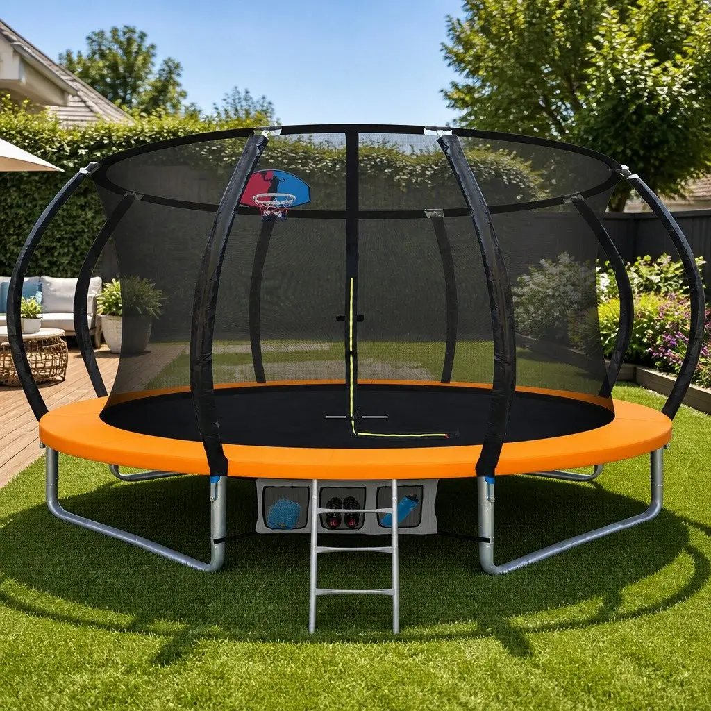 12FT Trampoline Heavy-Gauge Steel Enclosure Net Ladder Basketball Rebounder