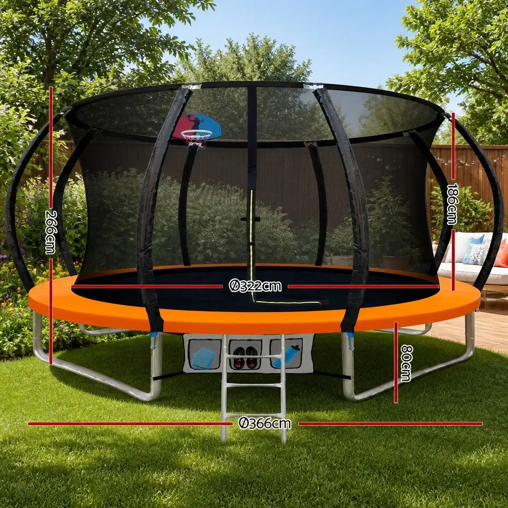 12FT Trampoline Heavy-Gauge Steel Enclosure Net Ladder Basketball Rebounder