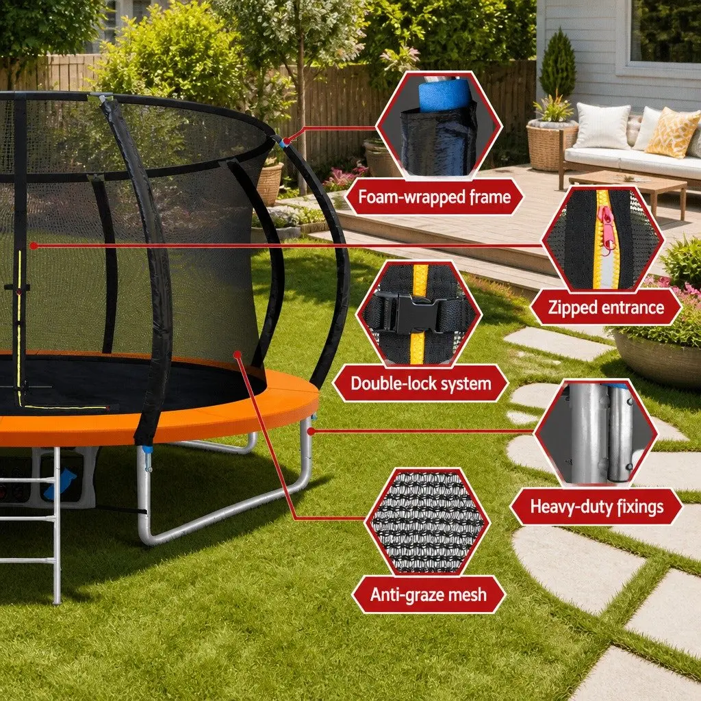 12FT Trampoline Heavy-Gauge Steel Enclosure Net Ladder Basketball Rebounder