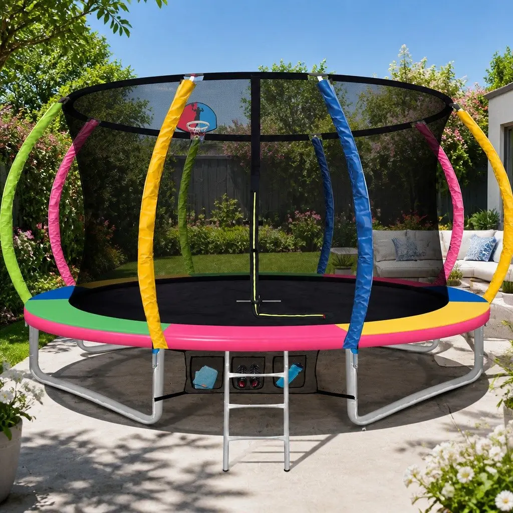 14ft Trampoline Heavy-Gauge Steel Multi-Coloured with Safety Net Basketball Hoop and Ladder