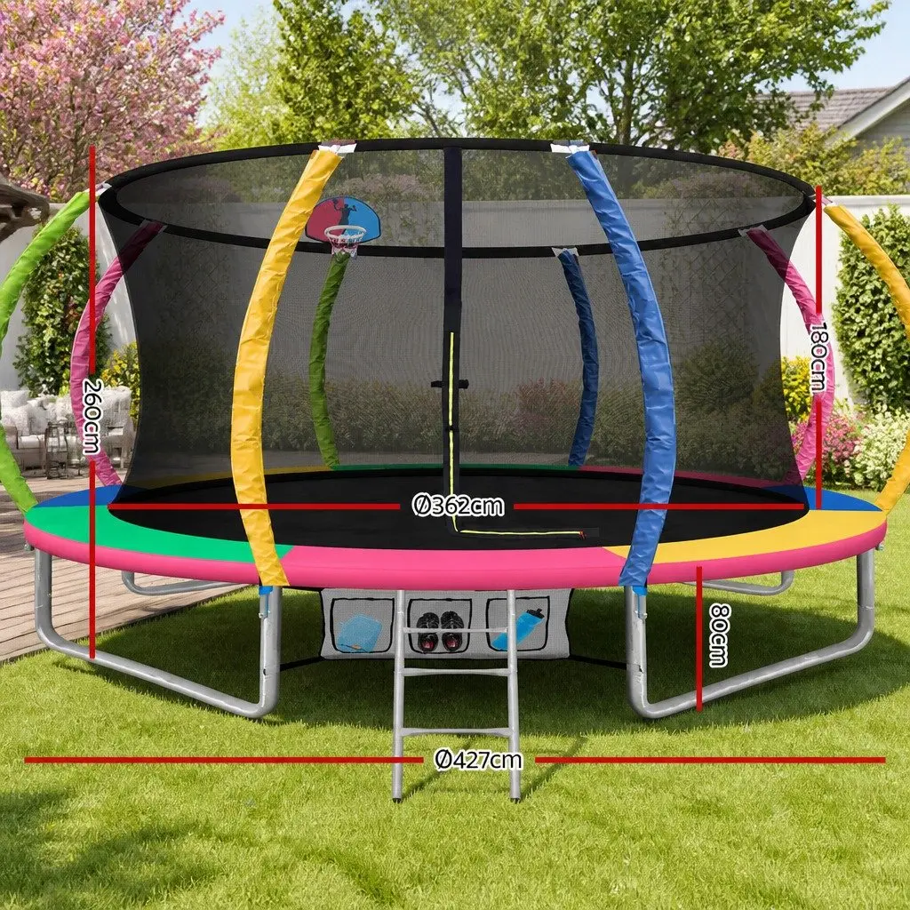 14ft Trampoline Heavy-Gauge Steel Multi-Coloured with Safety Net Basketball Hoop and Ladder