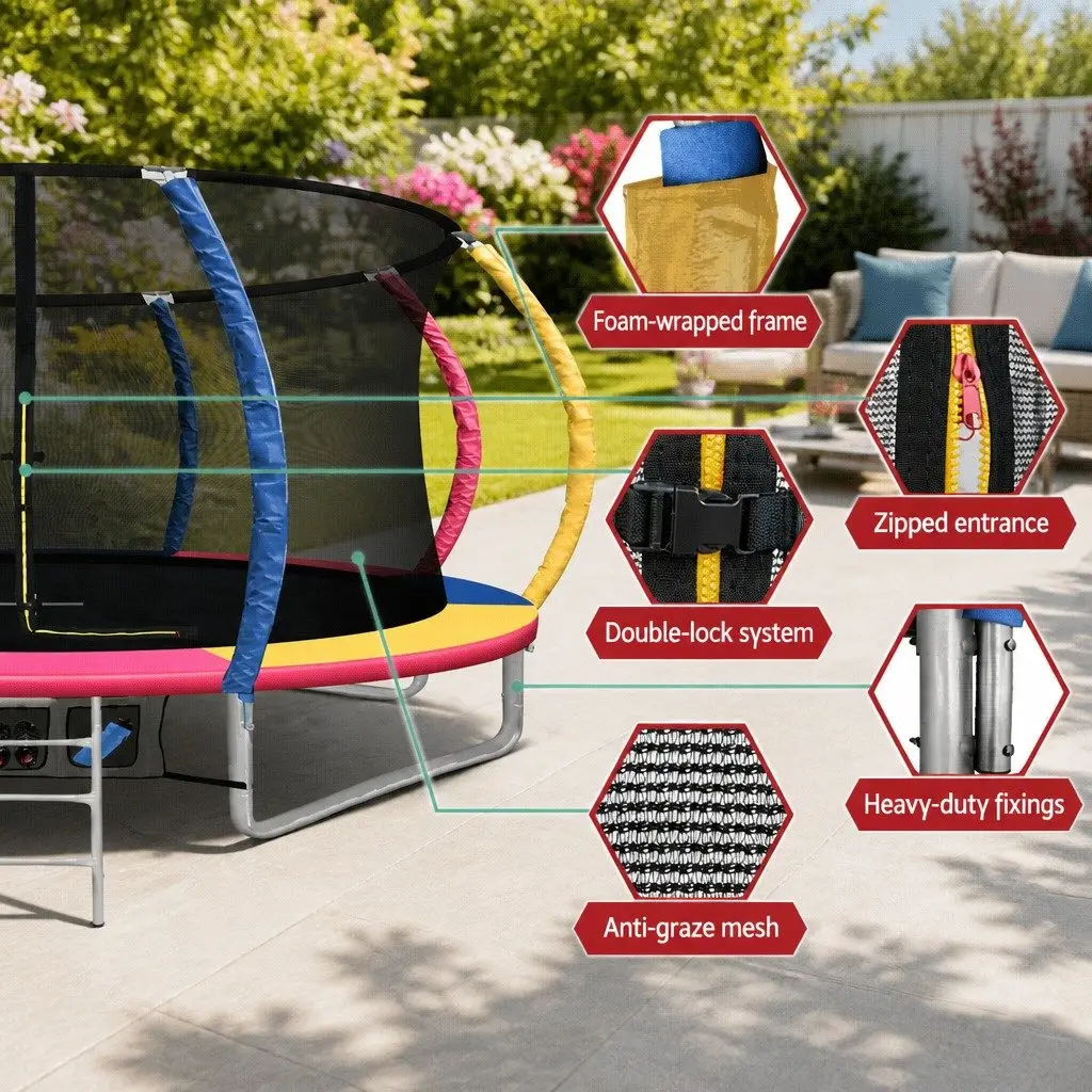 14ft Trampoline Heavy-Gauge Steel Multi-Coloured with Safety Net Basketball Hoop and Ladder