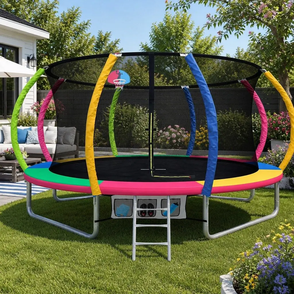 14ft Trampoline Heavy-Gauge Steel Multi-Coloured with Safety Net Basketball Hoop and Ladder
